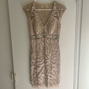 Sue Wong Nocturne Tan Beaded Sequin Floral Dress V Neck Cap Sleeve Womens Size 0